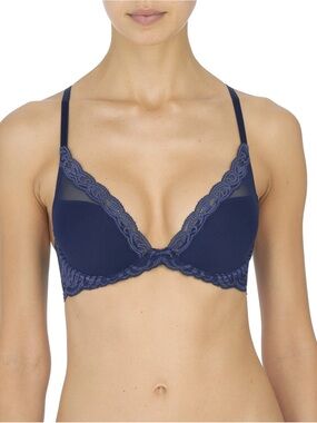 Natori Feathers Bra 32D Midnight Blue Navy Lace Contour Plunge